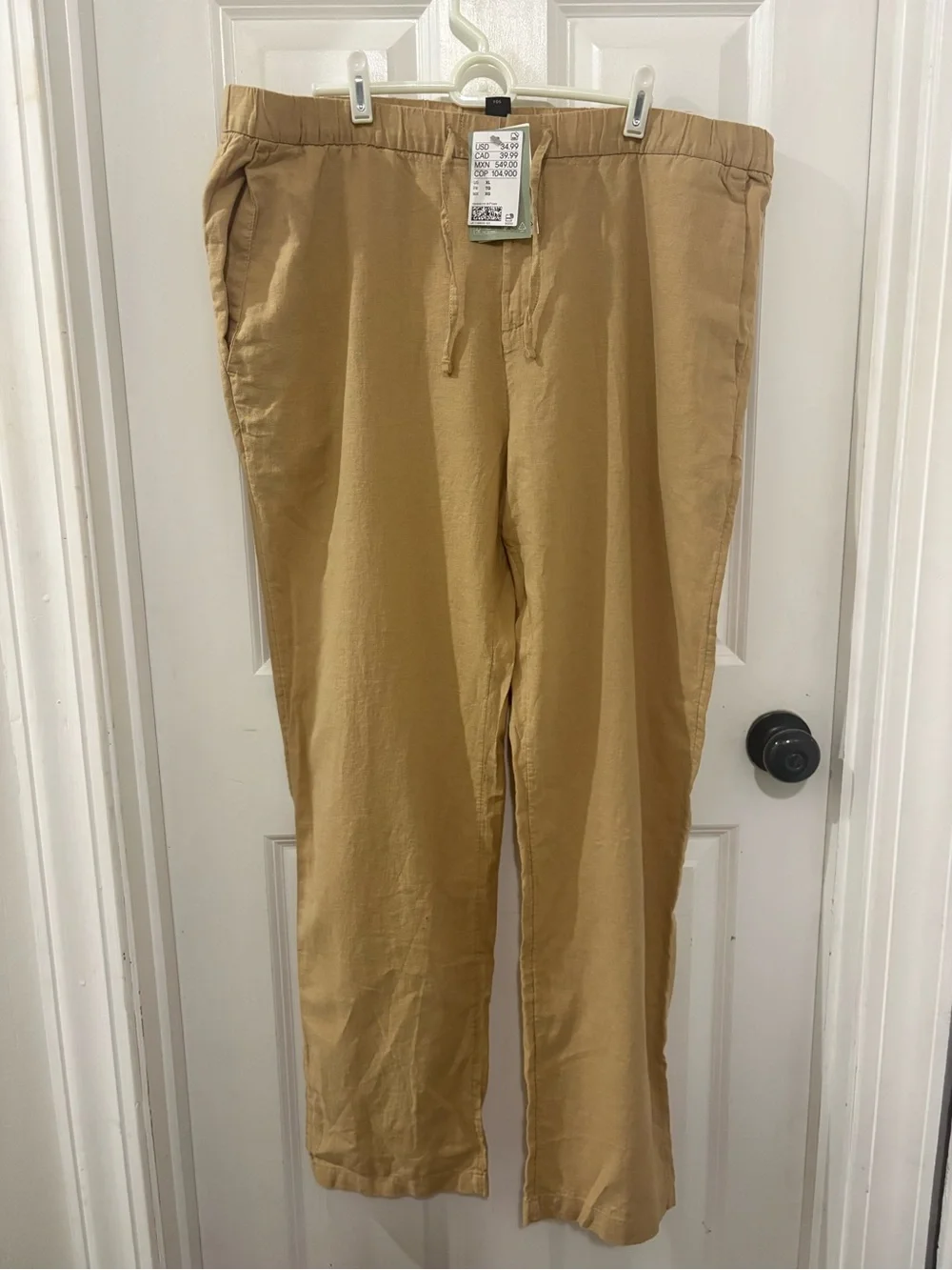 NWT H&M Linen Blend Pull On Pants XL Tan Drawstring Casual Coastal